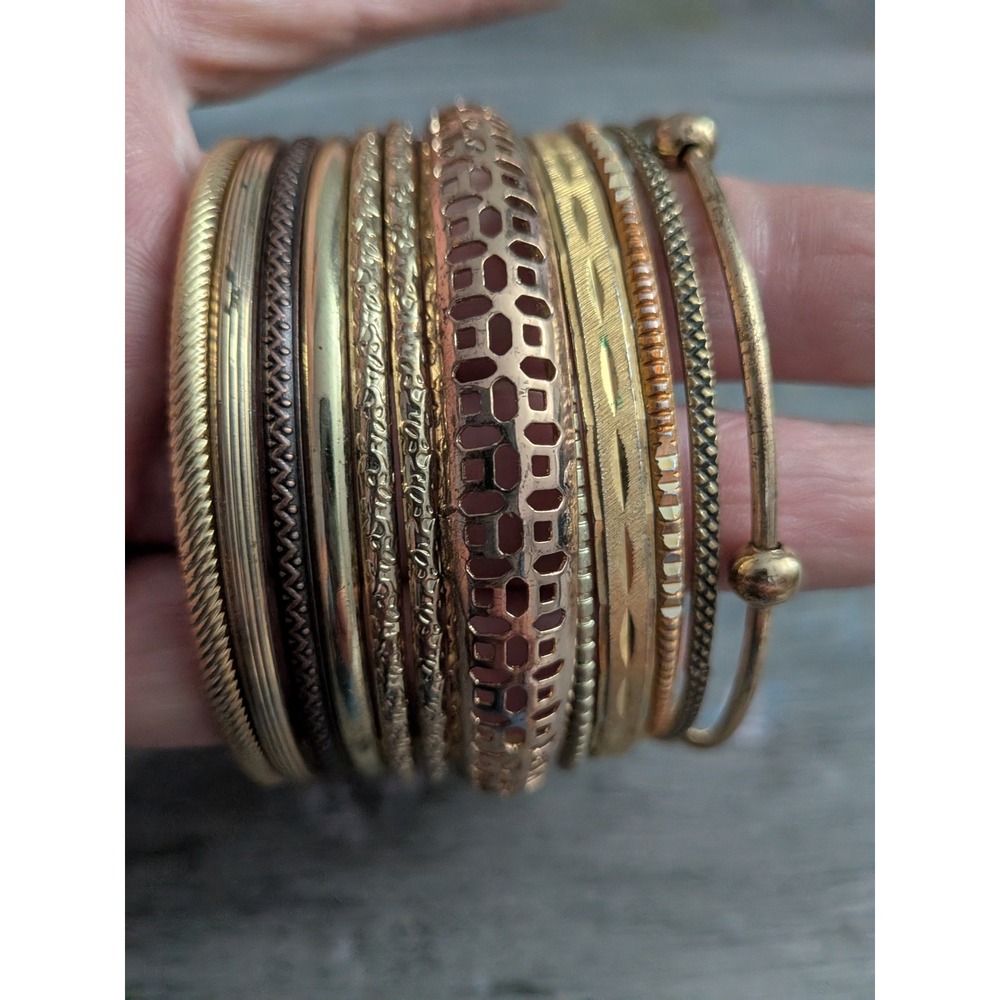 Gold Tone Mixed Metal Bangle Bracelet Set 11pc Etched Textured Boho Stackable